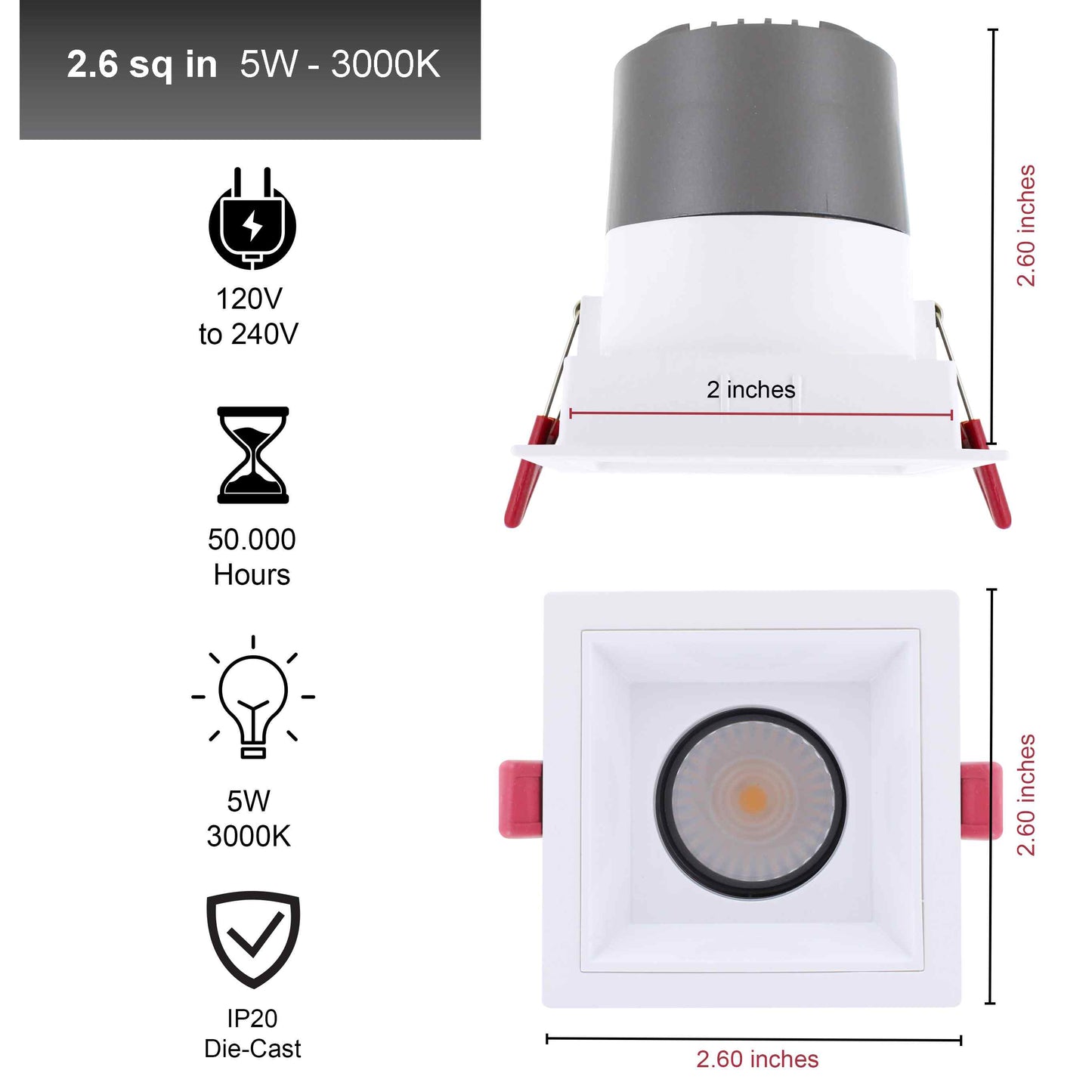 Square Recessed Light - 2-inch trim - 5W-3000k -White