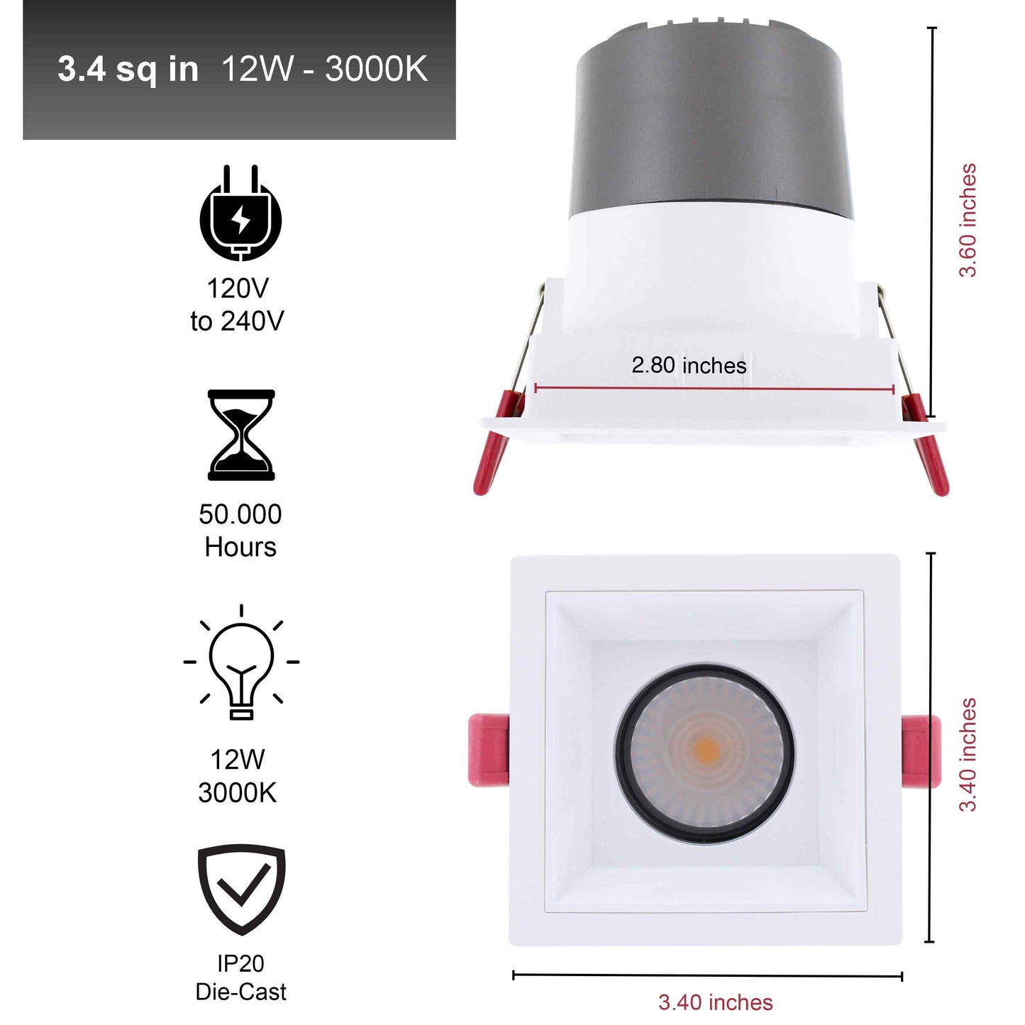 Square Recessed Light - 3-inch trim- 12W-3000k -White