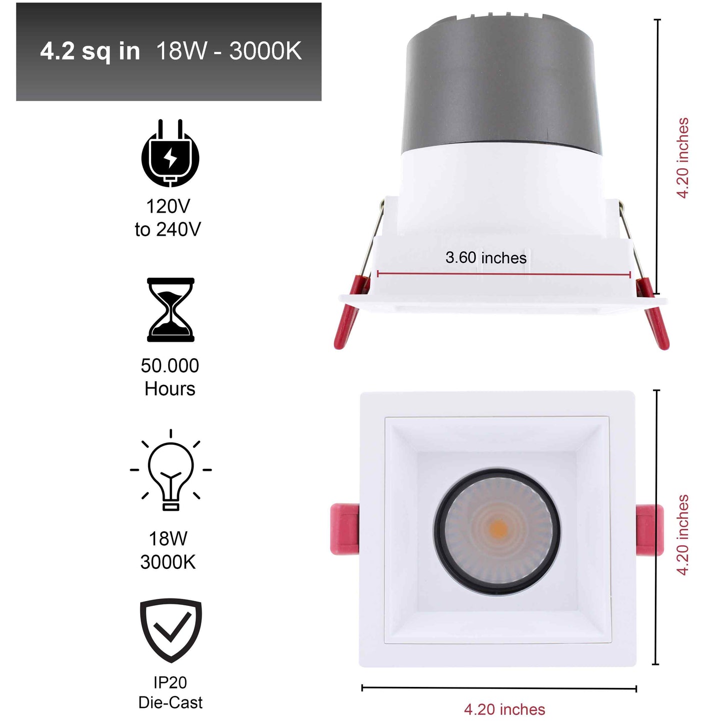 Square Recessed Light - 4-inch trim - 18W-3000k - White