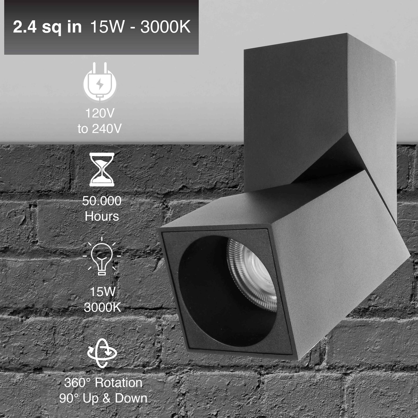 Square Twistable Reading Light -15W-3000k - Black