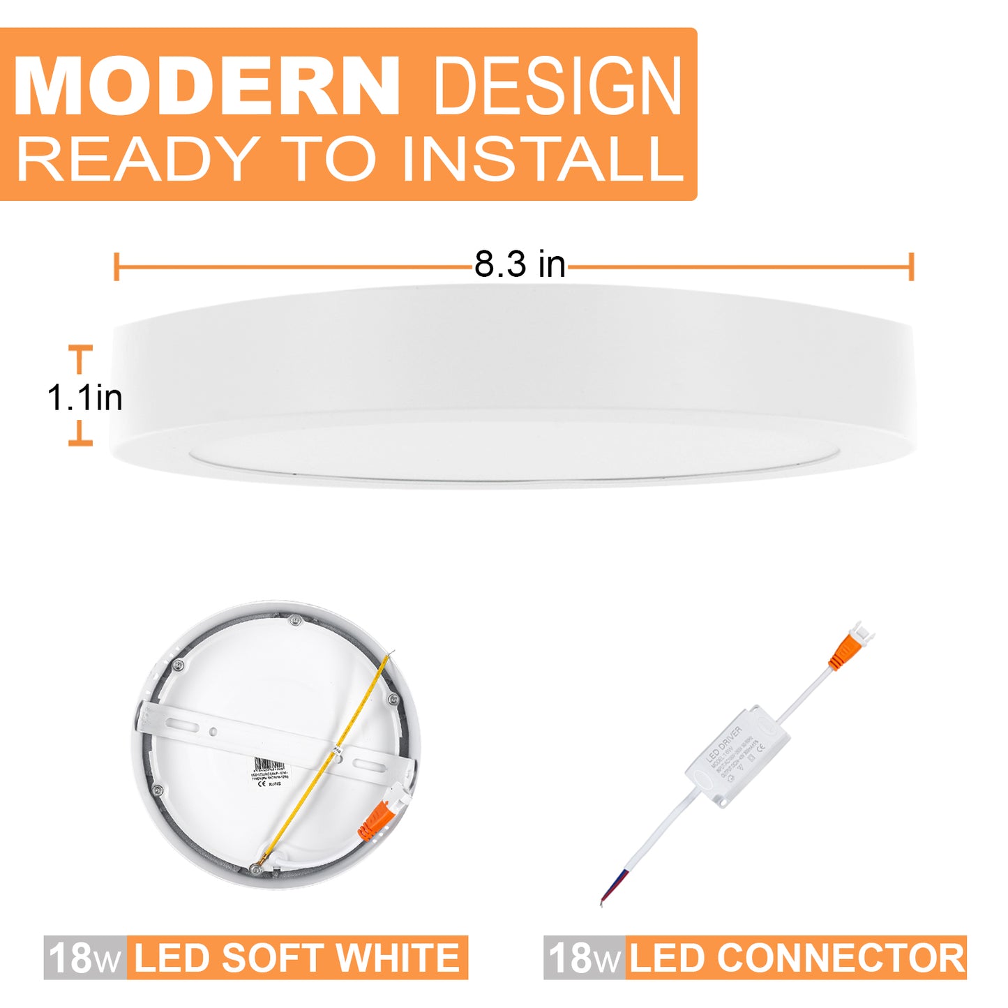 8.5 Inch 18W LED Panel Wall Ceiling Downlight - Round - Cool White 5000K - Non-Dimmable
